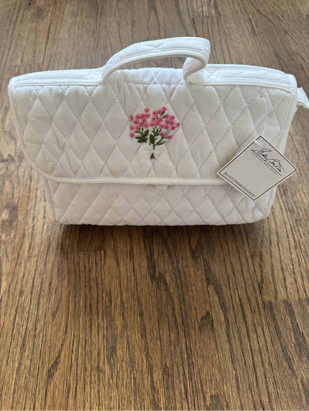 Edward Boutross Quilted White Floral Embroidered Cosmetic Bag